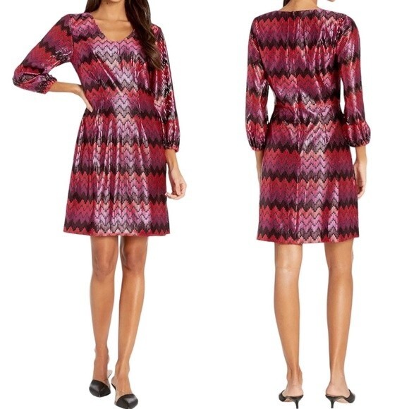 Trina Turk Nicole Dress Shimmer Embroidered Chevron Midi Dress Size Small 4/6 - Picture 7 of 13